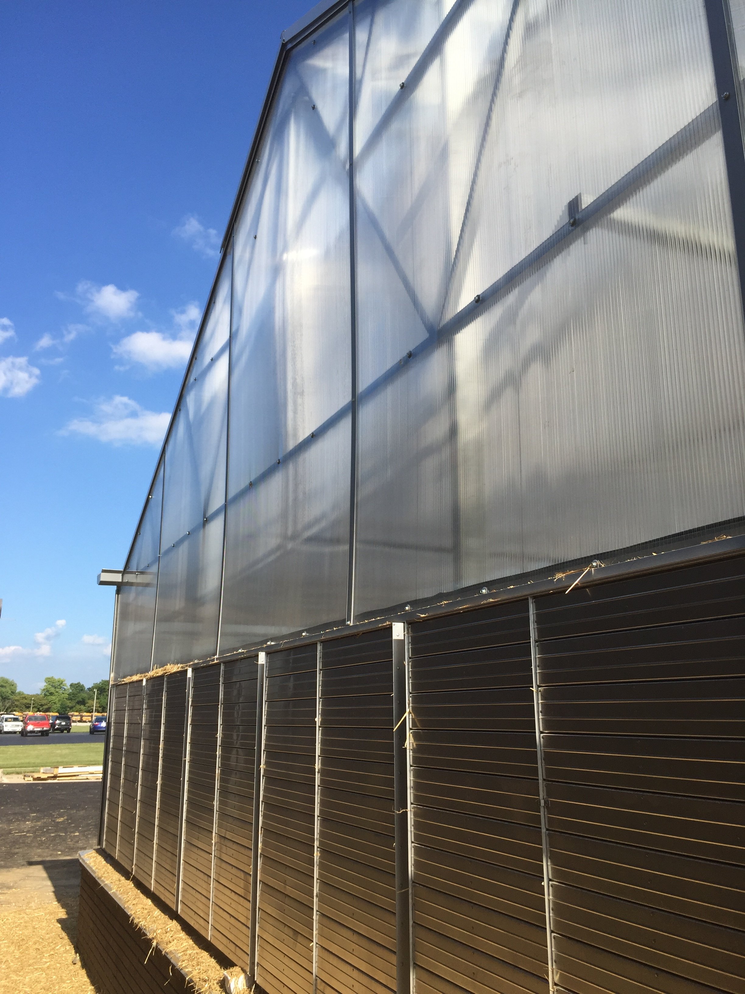 View of Vail greenhouse end wall showing polycarbonate covering.